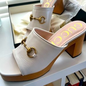 GUCCI Womens Houdan Leather Horsebit Platform Wood Clog Mule Sandals NEW